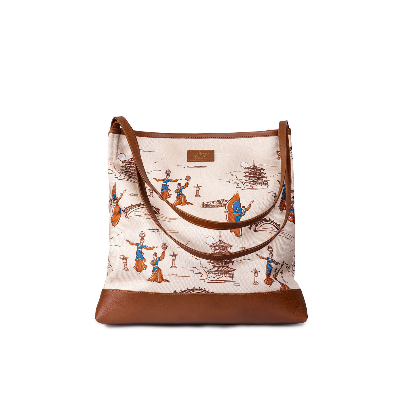 Lantern Grace Tote Bag with Leather Handle Beige Front - Shen Yun Collections