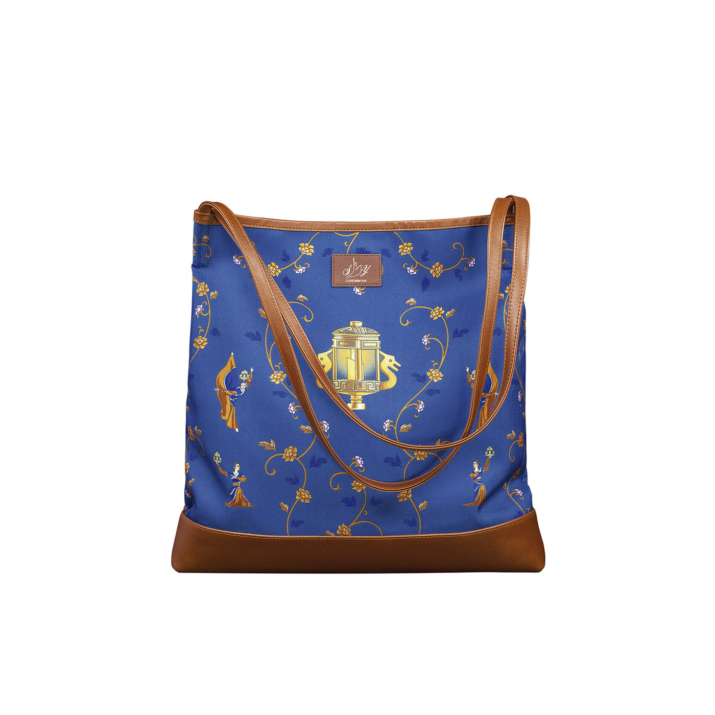 Lantern Grace Tote Bag with Leather Handle Blue Front - Shen Yun Collections