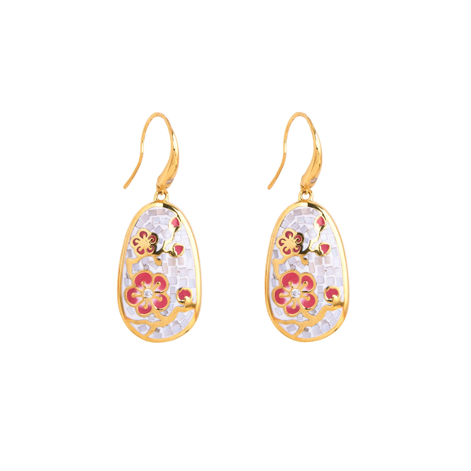 Plum Blossom Mosaic Mother of Pearl Earrings Gold