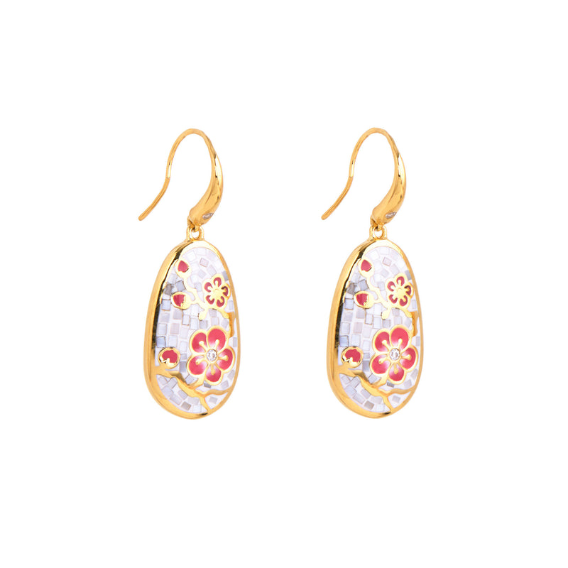 Plum Blossom Mosaic Mother of Pearl Earrings Gold