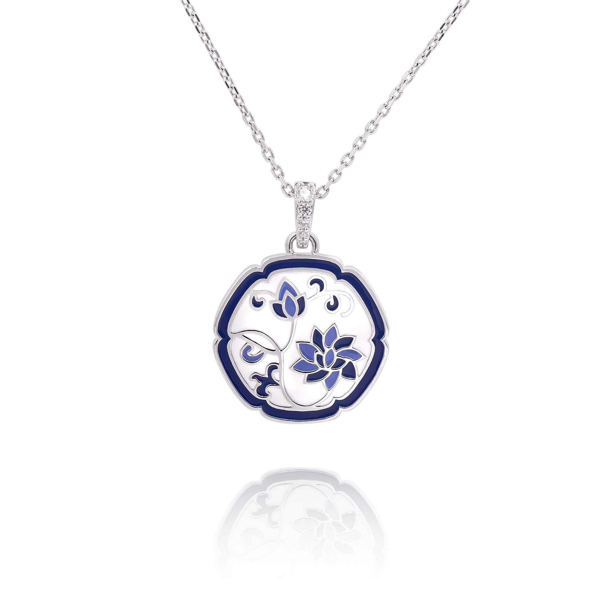 Blue and White Lotus Necklace Front View - Shen Yun Collections