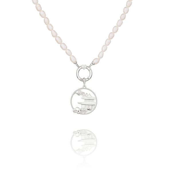 Pearl Charm Clasp Necklace Silver with Mystical Moon Palace Charm Silver - Shen Yun Collections