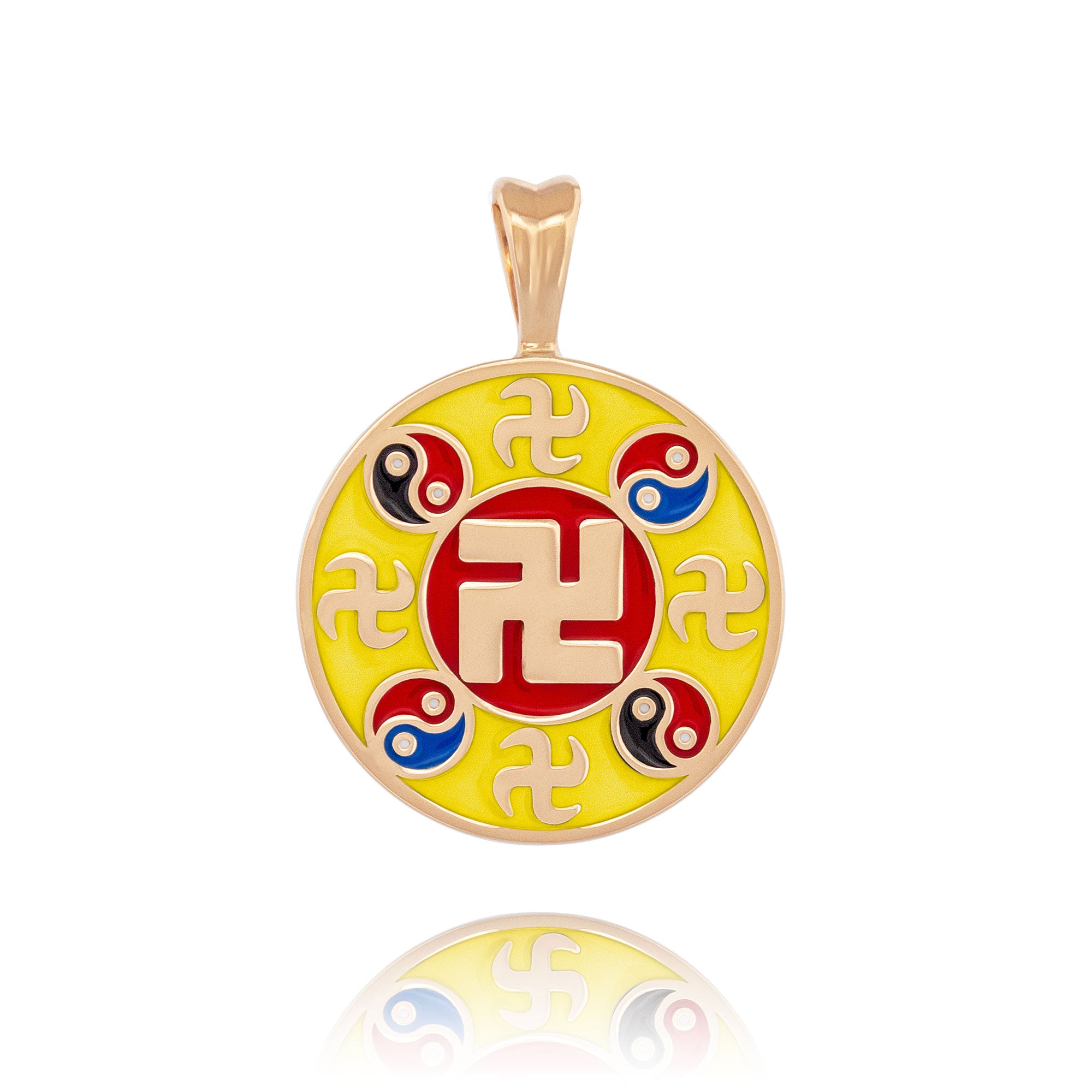 Falun Enamel Yellow Pendant 18kt Yellow Gold 20mm Front - Shen Yun Collections