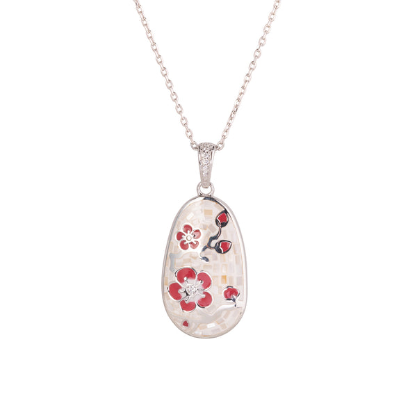 Plum Blossom Mosaic Mother of Pearl Necklace Silver