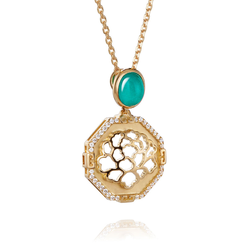 The Tang Elegance Necklace 18kt Yellow Gold with Blue Chalcedony Side View | Shen Yun Collections