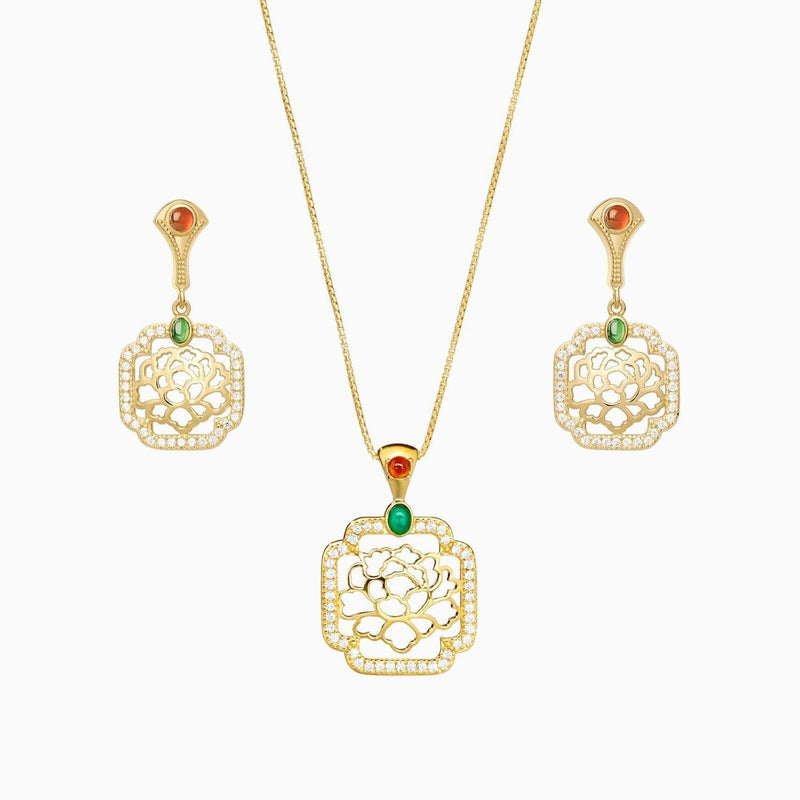 Tang Flower Dangle Earrings & Necklace Set