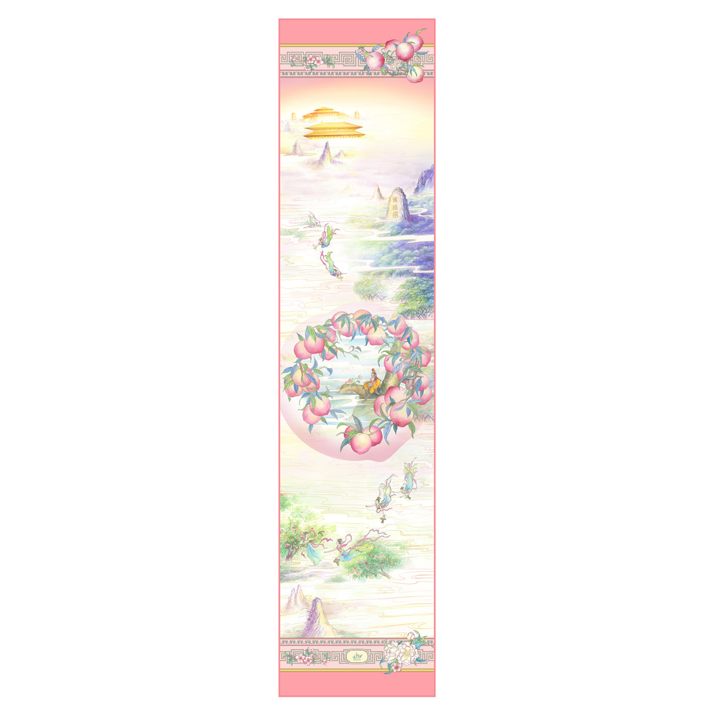 The Peaches of Immortality Silk Long Scarf Front | Shen Yun Collections